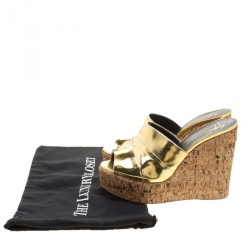 Pre Owned Giuseppe Zanotti Metallic Gold Leather Cork Wedge Slides Size 40
