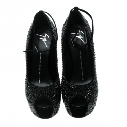 مملوكة مسبقًا Giuseppe Zanotti Black Suede Swarovski Crystal Embellished Slingback Heel Less Platform Sandals Size 37.5