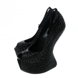 مملوكة مسبقًا Giuseppe Zanotti Black Suede Swarovski Crystal Embellished Slingback Heel Less Platform Sandals Size 37.5