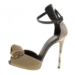 Pre Owned Giuseppe Zanotti Khaki/Beige Python and Canvas Bow Ankle Strap Sandals Size 36