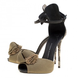 Pre Owned Giuseppe Zanotti Khaki/Beige Python and Canvas Bow Ankle Strap Sandals Size 36