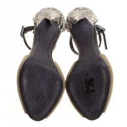 Pre Owned Giuseppe Zanotti Khaki/Beige Python and Canvas Bow Ankle Strap Sandals Size 36