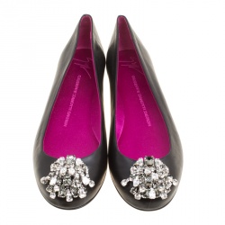 Pre Owned Giuseppe Zanotti Black Leather Crystal Embellished Ballet Flats Size 39