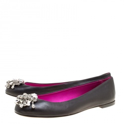 Pre Owned Giuseppe Zanotti Black Leather Crystal Embellished Ballet Flats Size 39