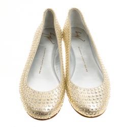 Pre Owned Giuseppe Zanotti Gold Leather Crystal Studded Ballet Flats Size 39