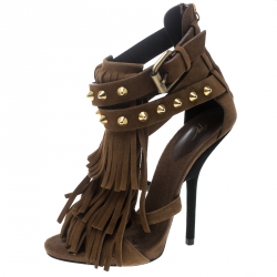 Pre Owned صندل جوسيبي زانوتي سويدي شراشيب مرصعة بنية مقاس 37