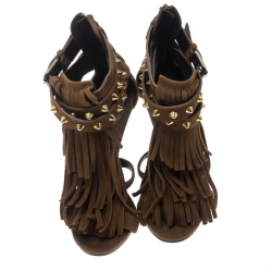 Pre Owned صندل جوسيبي زانوتي سويدي شراشيب مرصعة بنية مقاس 37