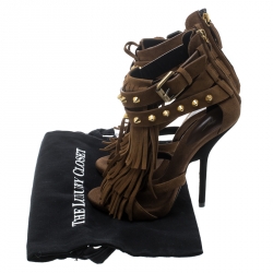 Pre Owned صندل جوسيبي زانوتي سويدي شراشيب مرصعة بنية مقاس 37