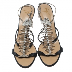 Pre Owned Giuseppe Zanotti Black Leather Crystal Embellished Fishbone Sandals Size 37