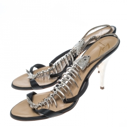 Pre Owned Giuseppe Zanotti Black Leather Crystal Embellished Fishbone Sandals Size 37