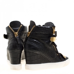 Pre Owned Giuseppe Zanotti Black Croc Embossed Leather Lorenz Wedge Sneakers Size 35