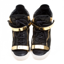 Pre Owned Giuseppe Zanotti Black Croc Embossed Leather Lorenz Wedge Sneakers Size 35