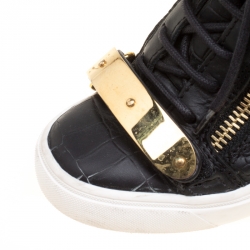 Pre Owned Giuseppe Zanotti Black Croc Embossed Leather Lorenz Wedge Sneakers Size 35