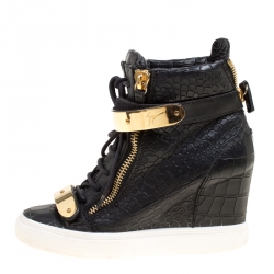 Pre Owned Giuseppe Zanotti Black Croc Embossed Leather Lorenz Wedge Sneakers Size 35