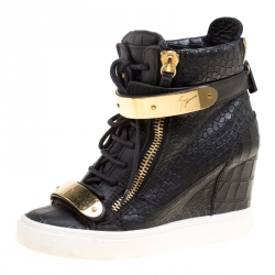 Pre Owned Giuseppe Zanotti Black Croc Embossed Leather Lorenz Wedge Sneakers Size 35