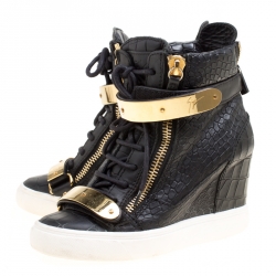Pre Owned Giuseppe Zanotti Black Croc Embossed Leather Lorenz Wedge Sneakers Size 35