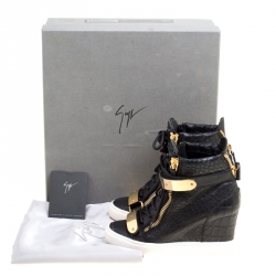 Pre Owned Giuseppe Zanotti Black Croc Embossed Leather Lorenz Wedge Sneakers Size 35