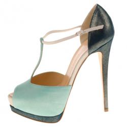 Pre Owned Giuseppe Zanotti Green Blue Shimmer T Strap D'orsay Pumps Size 38.5