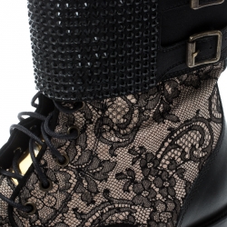 Pre Owned René Caovilla Black Lace Crystal Cuff Combat Ankle Boots Size 39