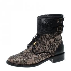 Pre Owned René Caovilla Black Lace Crystal Cuff Combat Ankle Boots Size 39