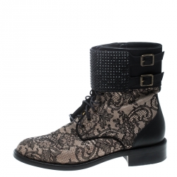 Pre Owned René Caovilla Black Lace Crystal Cuff Combat Ankle Boots Size 39