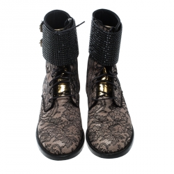 Pre Owned René Caovilla Black Lace Crystal Cuff Combat Ankle Boots Size 39