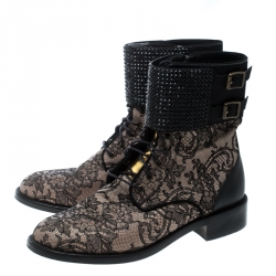 Pre Owned René Caovilla Black Lace Crystal Cuff Combat Ankle Boots Size 39