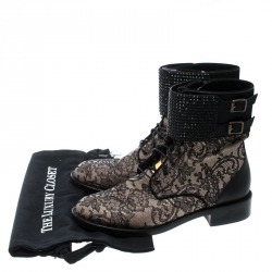 Pre Owned René Caovilla Black Lace Crystal Cuff Combat Ankle Boots Size 39