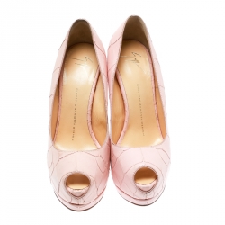 Pre Owned Giuseppe Zanotti Blush Pink Croc Embossed Leather Peep Toe Platform Pumps Size 38.5