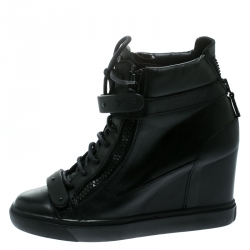 Pre Owned Giuseppe Zanotti Black Leather Jennifer Wedge Sneakers Size 41