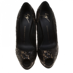 Pre Owned حذاء كعب عالي جوسيبي زانوتي نعل سميك مقدمة مفتوحة شارون دانتيل مزخرف ترتر ذهبي/ أسود مقاس 38.5