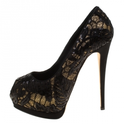 Pre Owned حذاء كعب عالي جوسيبي زانوتي نعل سميك مقدمة مفتوحة شارون دانتيل مزخرف ترتر ذهبي/ أسود مقاس 38.5