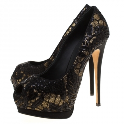 Pre Owned حذاء كعب عالي جوسيبي زانوتي نعل سميك مقدمة مفتوحة شارون دانتيل مزخرف ترتر ذهبي/ أسود مقاس 38.5