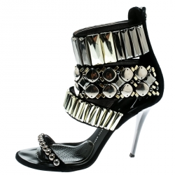 Pre Owned Giuseppe Zanotti Black Embellished Suede Ankle Strap Open Toe Sandals Size 38.5