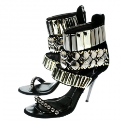 Pre Owned Giuseppe Zanotti Black Embellished Suede Ankle Strap Open Toe Sandals Size 38.5