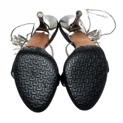 Pre Owned Giuseppe Zanotti Black Satin Crystal Encrusted Fish Bone Embellished Sandals Size 36