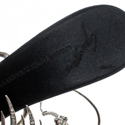 Pre Owned Giuseppe Zanotti Black Satin Crystal Encrusted Fish Bone Embellished Sandals Size 36