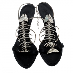 Pre Owned Giuseppe Zanotti Black Satin Crystal Encrusted Fish Bone Embellished Sandals Size 36