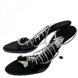 Pre Owned Giuseppe Zanotti Black Satin Crystal Encrusted Fish Bone Embellished Sandals Size 36
