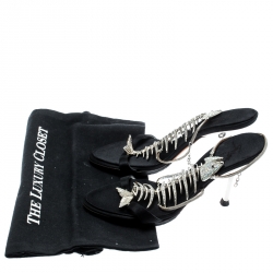 Pre Owned Giuseppe Zanotti Black Satin Crystal Encrusted Fish Bone Embellished Sandals Size 36