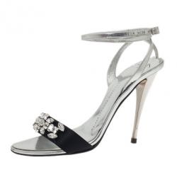 Pre Owned Giuseppe Zanotti Silver and Black Crystal Ankle Strap Sandals Size 37