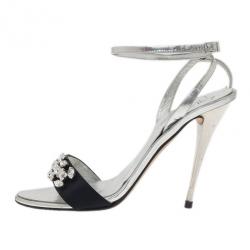 Pre Owned Giuseppe Zanotti Silver and Black Crystal Ankle Strap Sandals Size 37