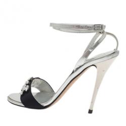 Pre Owned Giuseppe Zanotti Silver and Black Crystal Ankle Strap Sandals Size 37