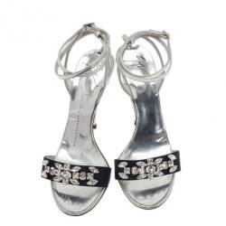 Pre Owned Giuseppe Zanotti Silver and Black Crystal Ankle Strap Sandals Size 37
