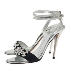 Pre Owned Giuseppe Zanotti Silver and Black Crystal Ankle Strap Sandals Size 37