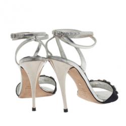 Pre Owned Giuseppe Zanotti Silver and Black Crystal Ankle Strap Sandals Size 37