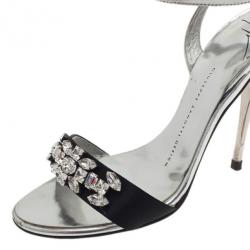 Pre Owned Giuseppe Zanotti Silver and Black Crystal Ankle Strap Sandals Size 37