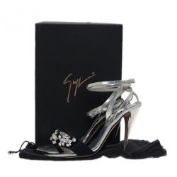 Pre Owned Giuseppe Zanotti Silver and Black Crystal Ankle Strap Sandals Size 37