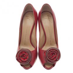 Pre Owned Giuseppe Zanotti Red Leather Rose Embellished Peep Toe Pumps Size 39