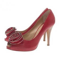 Pre Owned Giuseppe Zanotti Red Leather Rose Embellished Peep Toe Pumps Size 39